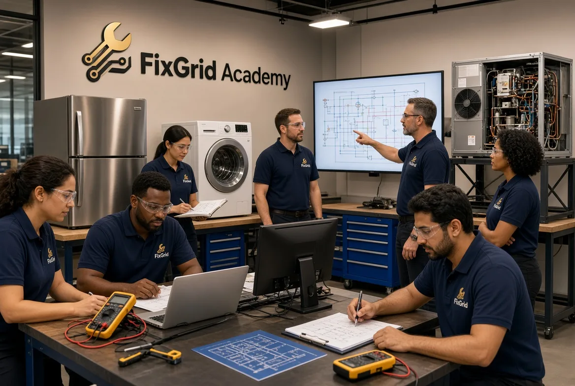 FixGrid Academy training lab — students and instructor practicing appliance and HVAC diagnostics.