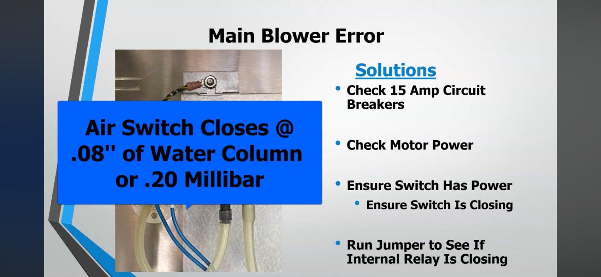 Air-flow pressure switch specification — closes at 0.08 inches water column / 0.20 mbar.