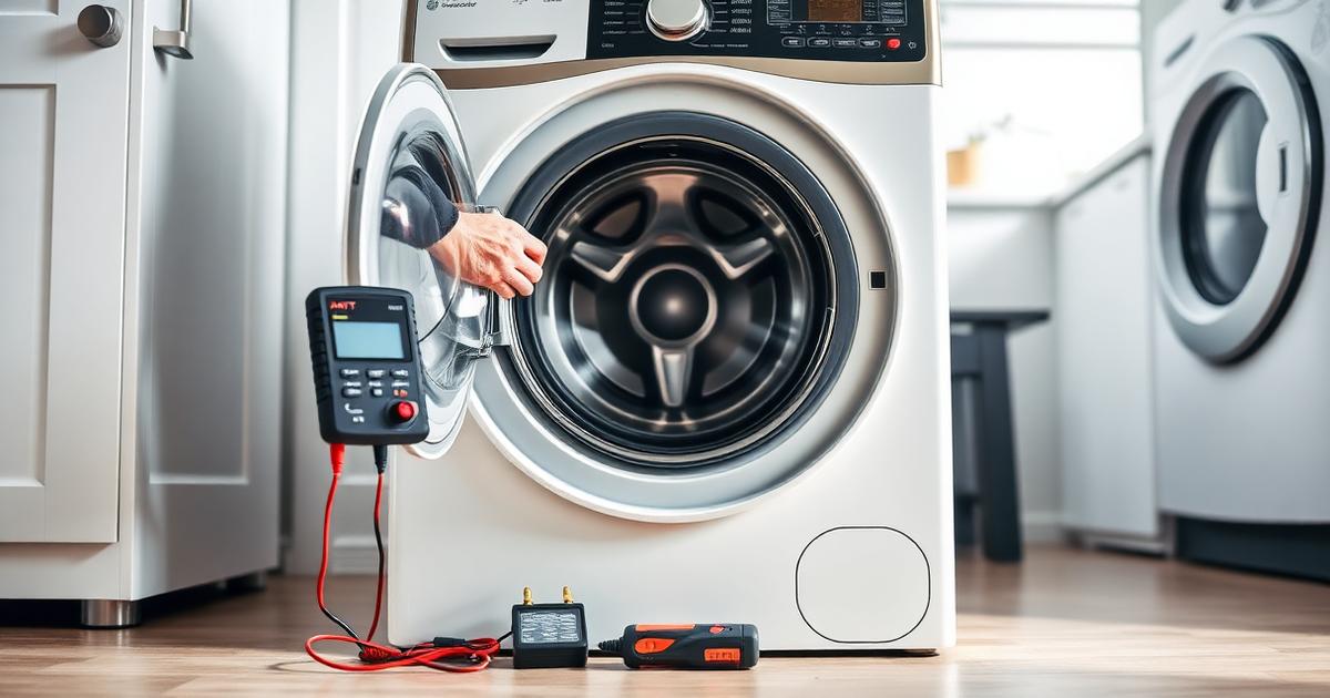 Open front-load washing machine with a multimeter and small toolkit on the laundry room floor