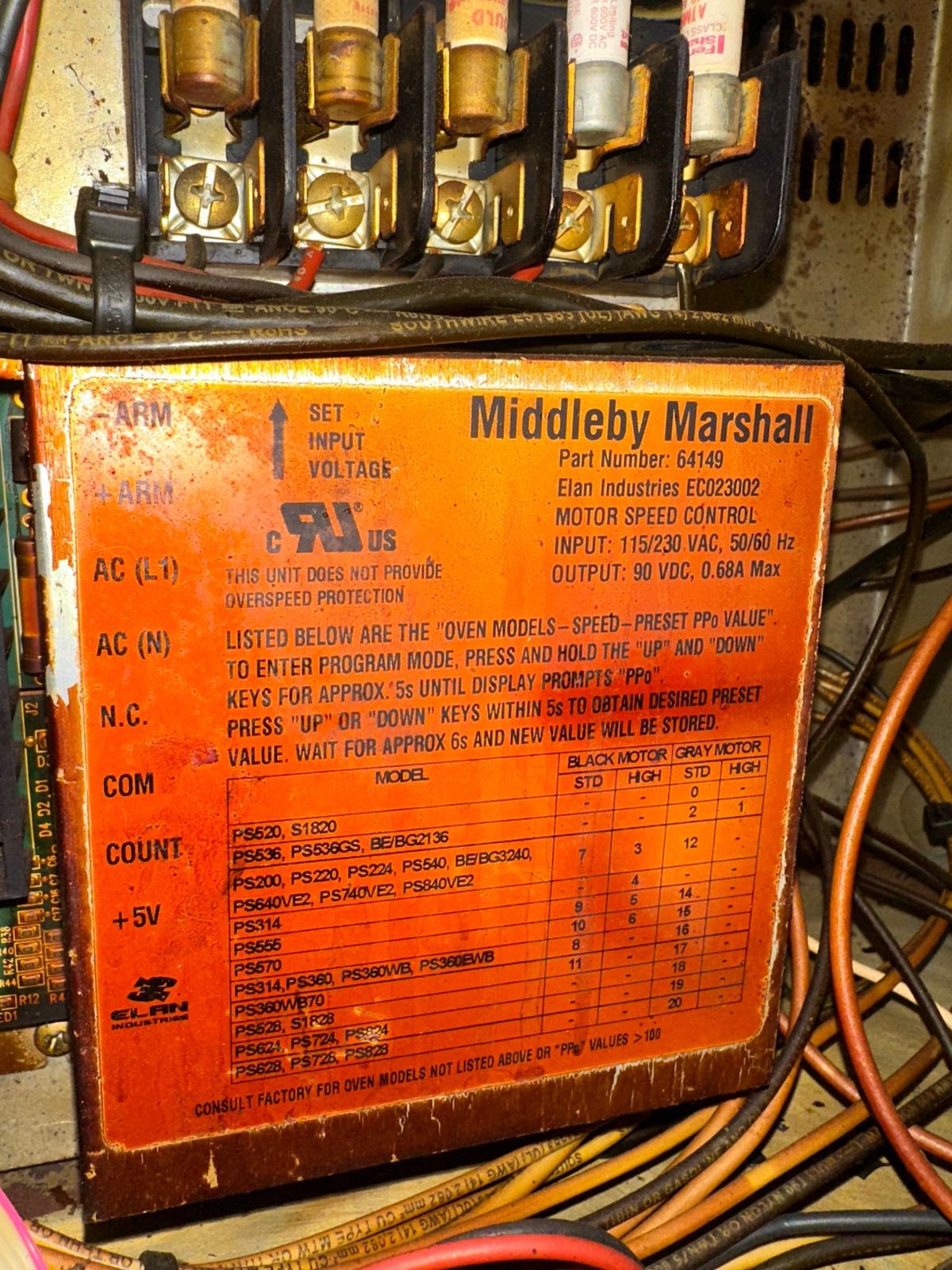 Middleby Marshall speed control board PN 64149 label showing PPo presets by oven model.
