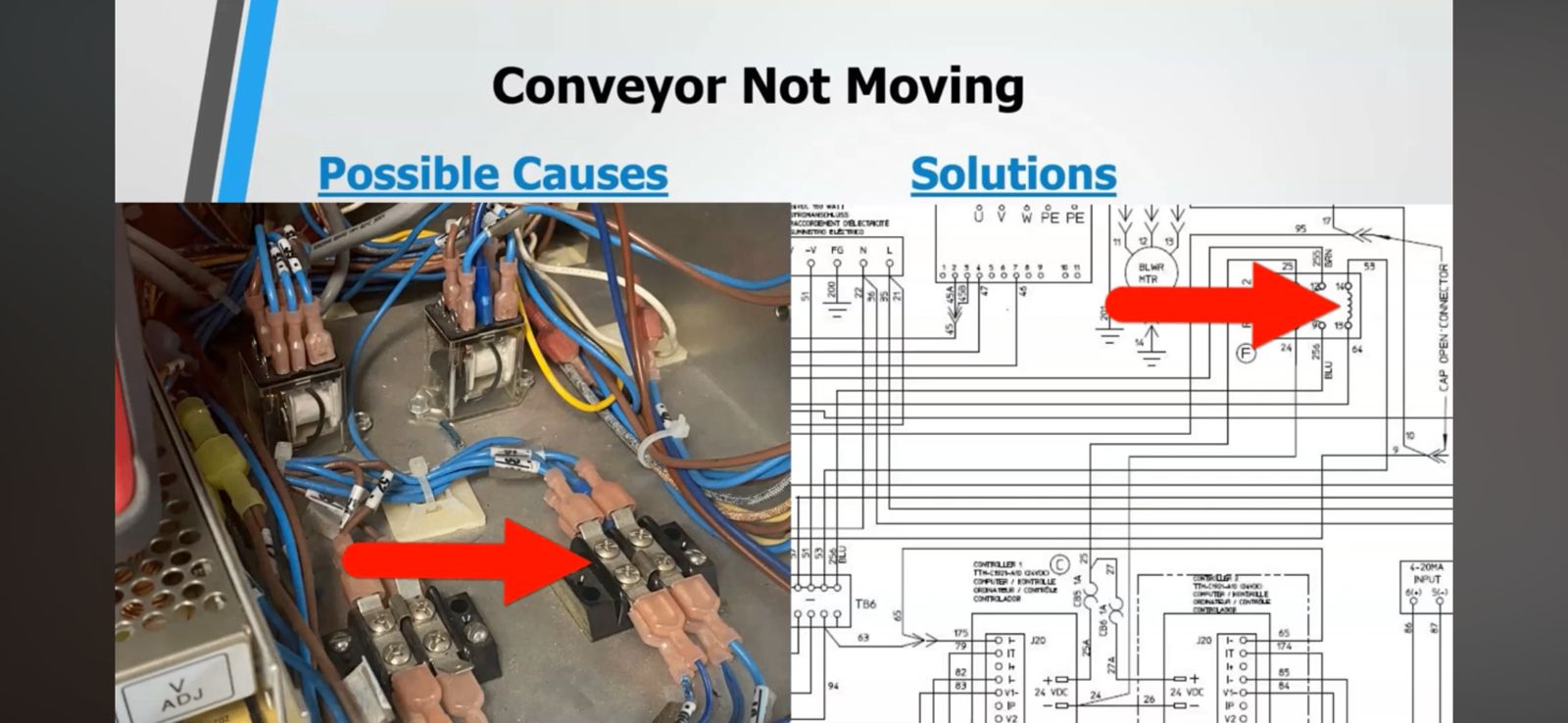 Middleby Marshall control box wiring and speed control schematic with possible-causes call-outs.