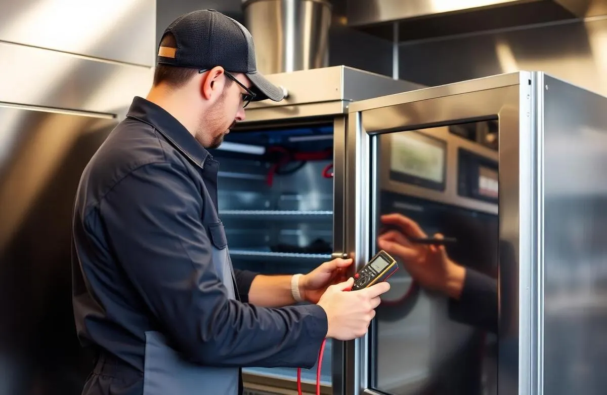 FixGrid technician repairing a commercial ice machine in a restaurant kitchen — Laurel MD, Howard County, Baltimore