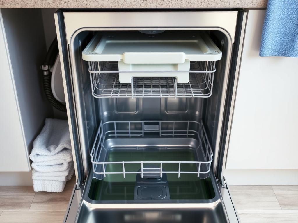 Dishwasher Not Draining — Dishwasher tub base with standing water, showing the filter, sump area, and drain connection