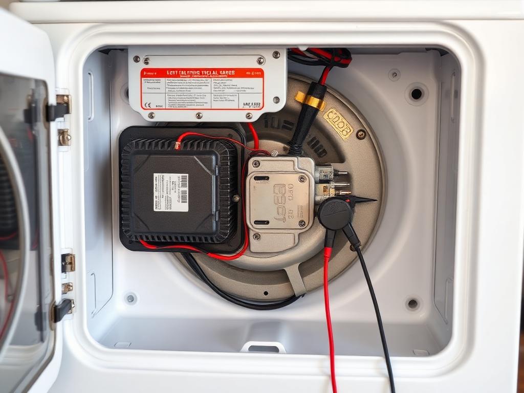 Dryer No Heat — Rear panel open on an electric dryer showing the heating element housing, thermal fuse, thermostats, and the exhaust duct connection