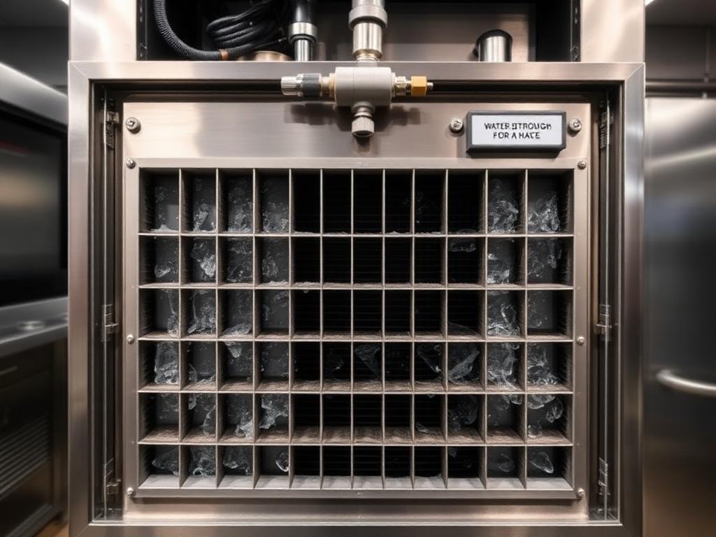 Ice Machine Not Producing — Commercial cuber interior with the front panel off — water trough and float valve, distribution tube over the evaporator, and the water curtain