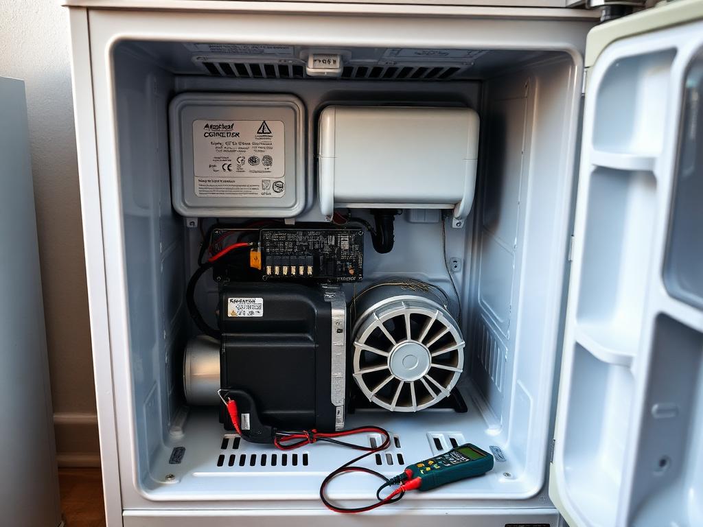 Refrigerator Not Cooling — Rear lower access panel with the compressor, start device, and condenser coils visible — the source of the repeating click