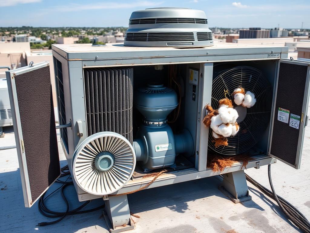 RTU Not Cooling — Rooftop packaged unit with the filter/evaporator section and outdoor condenser coil and fan visible