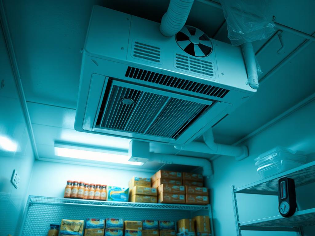 Walk-in Cooler Warm — Walk-in cooler evaporator and condenser area with warm product visible on the interior shelves