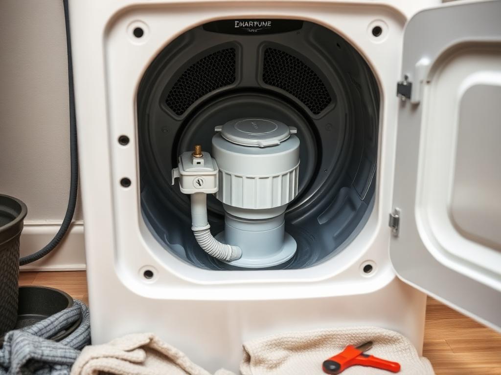 Washer Not Draining — Drain pump and filter access area with standing water visible in the drum